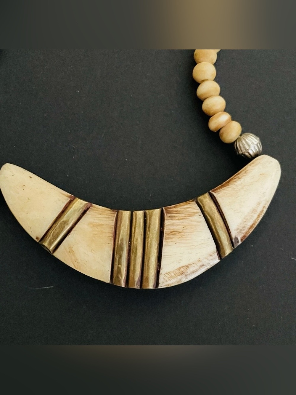 Necklace Vintage Inlaid Crescent Beaded Cream Color Short Boho Bohemian - Picture 7 of 8